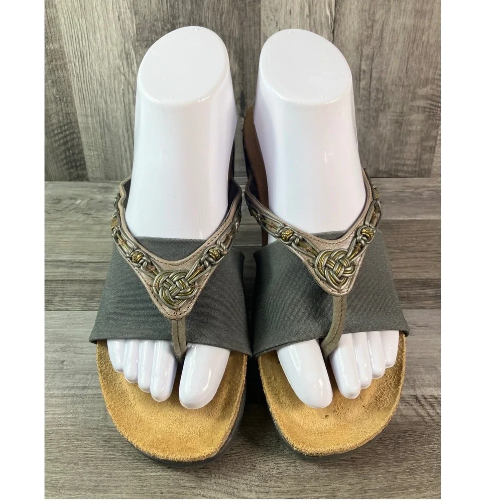 Naot Women Grey Metallic Leather Thong Sandals Celtic Knot Cork Footbed EU 39 L8